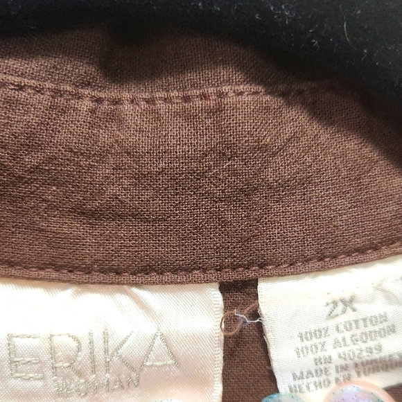 Vintage Erika Woman Plus Sz 2X Brown Camp Utility Short Sleeve Cotton Button Up - Picture 2 of 3